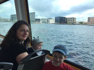 Genevieve, Louis and Arthur on a ferry in Copenhagen.