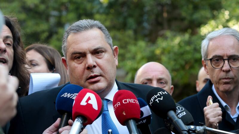 Leader of the Independent Greeks (ANEL) party Panos Kammenos addresses to the media. Photograph: Pantelis Saitas/EPA