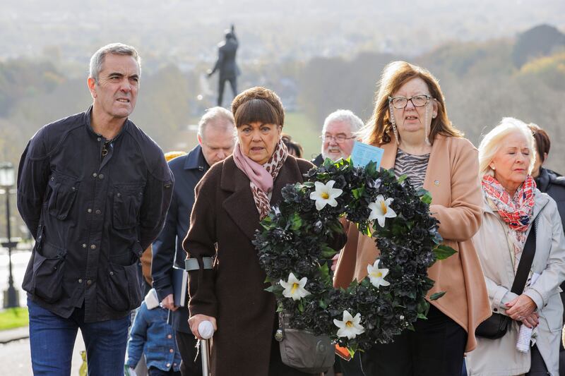 Actor James Nesbitt (left), a patron of the WAVE Trauma Centre, walking with Joe Lynskey's niece Maria Lynskey (centre) and Columba McVeigh's sister Dympna Kerr (right) during the All Souls Silent Walk for the Disappeared last November. Photograph: Liam McBurney/PA Wire