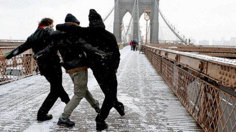 Global view: performers in Irish showcases in New York included (on Brooklyn Bridge) dancers Stéphane Hisler, Matthew Morris and Mikel Aristegui who are in Fearghus Ó Conchúir's Niche