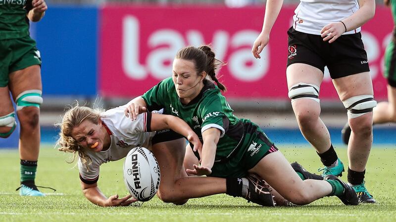 Connacht’s Catherine Martin and Ashleigh Orchard of Ulster during the match. Photo: Brian Reilly-Troy/Inpho