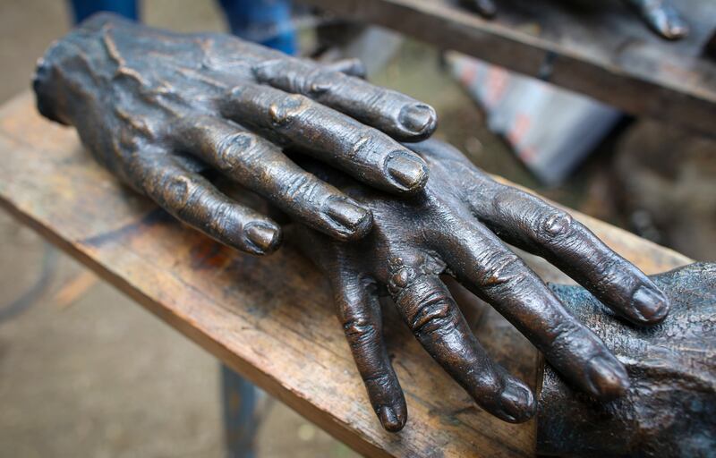 Sculptor Raymond Watson's  Hands of History at his workshop in the Glens of Antrim. Photograph: Paul Faith