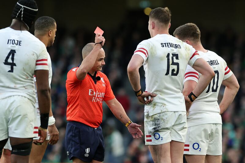 Referee Jaco Peyper sends off Freddie Steward of England. Photograph: David Rogers/Getty Images