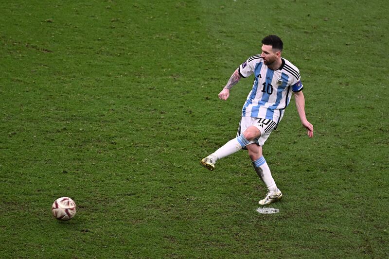 Argentina's Lionel Messi scores during the penalty shoot-out against France at the Qatar 2022 World Cup final on December 18th. Photograph: Jewel Samad/AFP via Getty Images