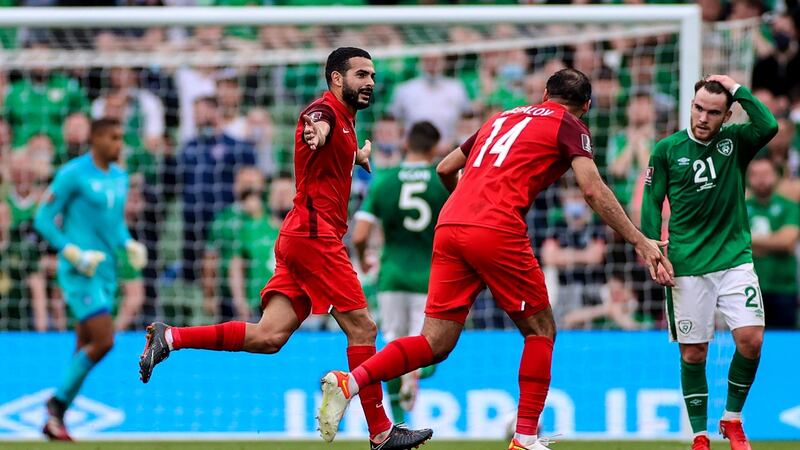 Azerbaijan’s Emin Makhmudov celebrates after opening the scoring at the Aviva Stadium. Photograph: James Crombie/Inpho