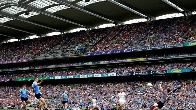 Con O’Callaghan scores Dublin’s early goal against Tyrone. Both counties are destined to remain at football’s top table in the next decade. Photograph: Ryan Byrne/Inpho