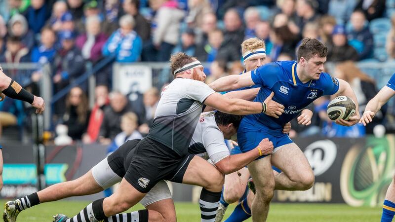 Leinster centre Conor O’Brien is tackled by   Andrea Lovotti and Jacopo Sarto of Zebre during the Guinness Pro 14 game at the  RDS. Photograph: Morgan Treacy/Inpho