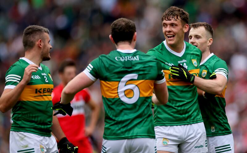 Kerry’s Graham O'Sullivan, Tadhg Morley, David Clifford and Tom O'Sullivan celebrate after the game. Photograph: James Crombie/Inpho
