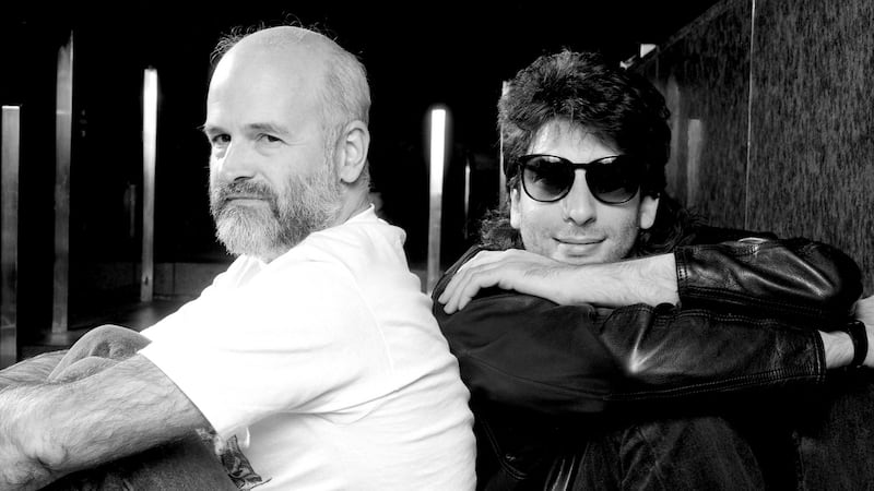 Terry Pratchett and Neil Gaiman at the  World Fantasy Convention in November 1990 in Schaumburg, Illinois. Photograph: Beth Gwinn/Getty Images