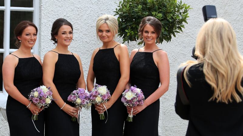 Bridesmaids Ruth Wade, Gemma Harris, Laura Kinch and Marion O’Brien  at the wedding of Minister for Health Simon Harris  and  Caoimhe Wade at St Patrick’s Church, Kilquade, Co Wicklow. Photograph: Colin Keegan/Collins