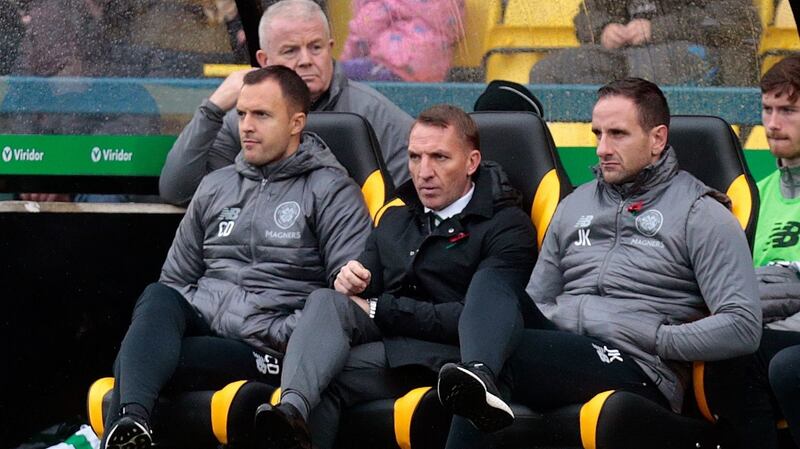 Brendan Rodgers looks on during Celtic’s goalless draw with Livingston. Photograph: Graham Stuart/PA