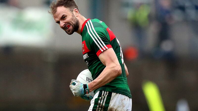 Mayo’s Darren Hughes celebrates their win over Monaghan. Photograph: John McVitty/Inpho