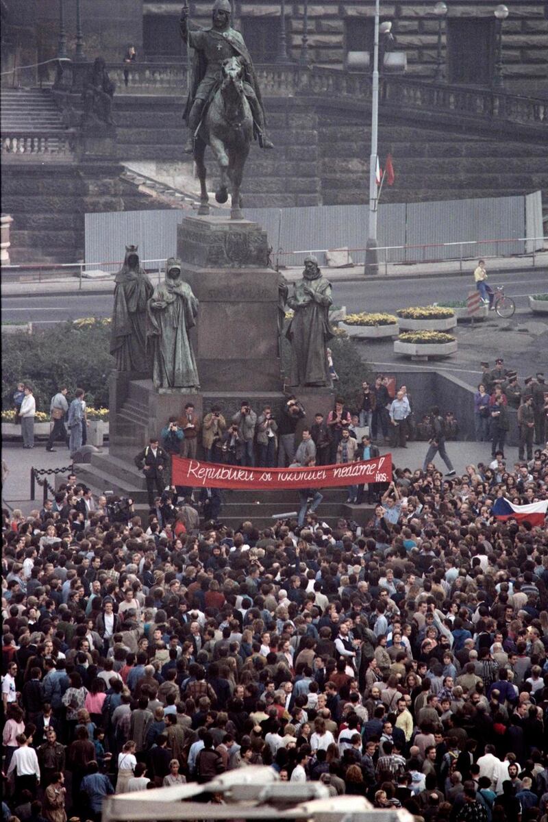 Crowds demonstrate at Wenceslas Square in Prague on October 28th, 1989. The peaceful Velvet Revolution toppled the communist regime in the former Soviet satellite 30 years ago. Photograph: Pascal George/AFP via Getty Images