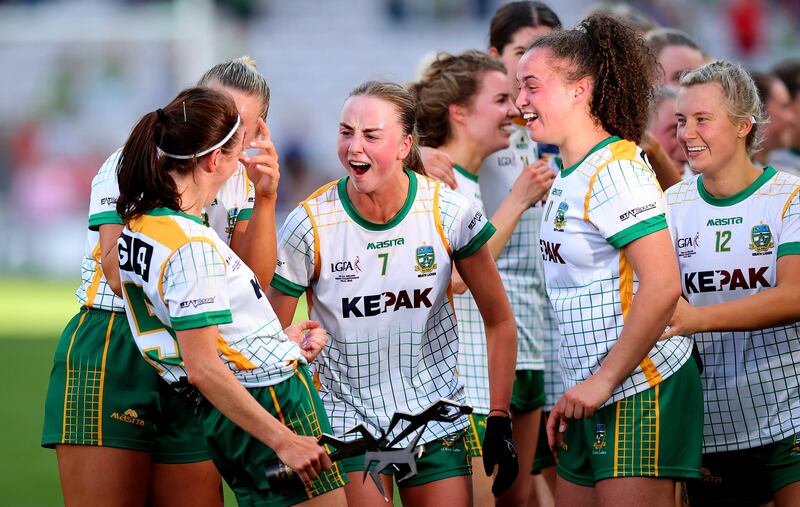 TG4 All-Ireland Ladies Football Senior Championship Final, Croke Park, Dublin 31/7/2022
Meath vs Kerry
Meath's Vikki Wall, Niamh O'Sullivan, Aoibhin Cleary and Emma Duggan celebrate after the game 
Mandatory Credit ©INPHO/Ryan Byrne