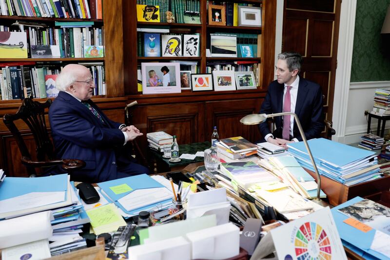 Harris meets with President Michael D Higgins in the latter's office at Áras an Uachtaráin. Photograph: Maxwell Photography/PA Wire