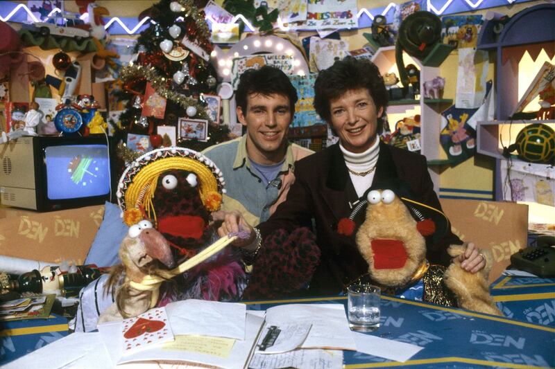 1990: President-elect Mary Robinson with The Den presenter Ray D’Arcy and puppets Dustin, Zig and Zag. Photograph: John Cooney