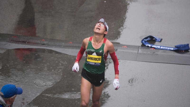 Yuki Kawauchi of Japan crosses the finish line to win the 2018 Boston Marathon back in April in a time of 2:15:58. Photograph:  Ryan McBride/AFP/Getty Images