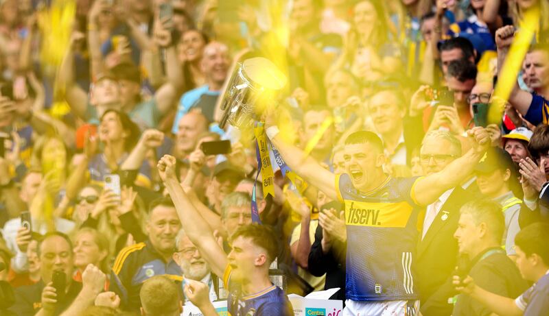 Tipperary’s Ronan Maher lifts the Liam MacCarthy Cup. Photograph: Ryan Byrne/Inpho