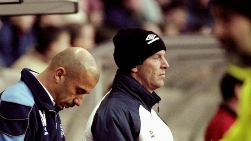 Chelsea manager Gianluca Vialli (L) with his assistant Graham Rix during a Premiership game in  December 1999. Photograph: Michael Steele/Allsport