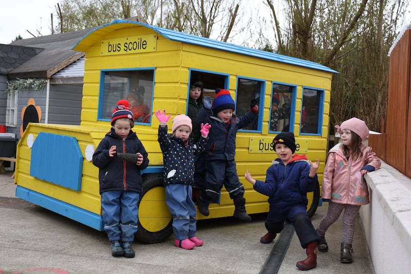 Connie McMahon, Willow McCoy, James Loughlin, Darragh Smart and Millie McMahon at the Curious by Nature outdoor preschool, Co Wicklow. Photograph: Nick Bradshaw 