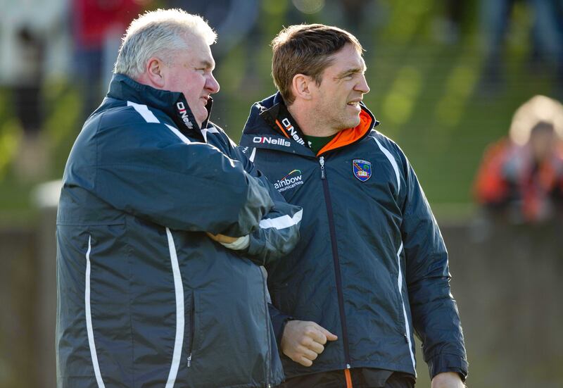 Paul Grimley, then Armagh manager, with Kieran McGeeney, a selector in 2014. Photograph: Morgan Treacy/Inpho