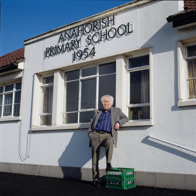 Seamus Heaney at his old primary school in Anahorish, Bellaghy, Co Derry, in 1996. Photograph: Bobbie Hanvey Photographic Archives/John J Burns Library/Boston College. 