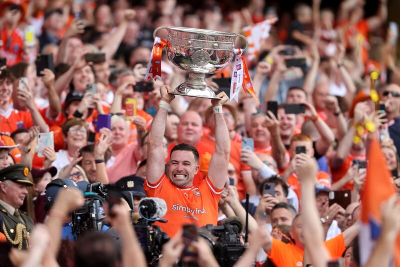 Armagh's Aidan Forker lifts the Sam Maguire Cup. Photograph: Bryan Keane/Inpho