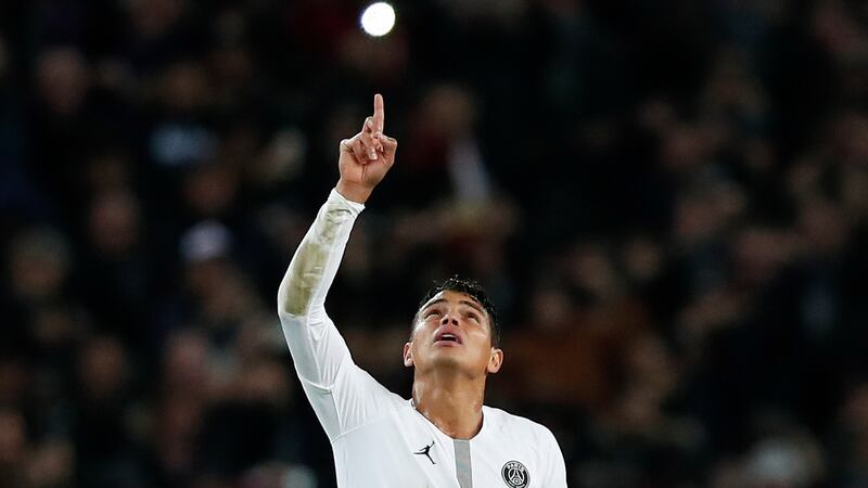Thiago Silva of Paris Saint Germain celebrates  at the Parc des Princes. Photograph: EPA