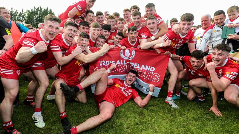 The Tyrone team celebrate after winning U20 Championship. Photograph: Lorraine O’Sullivan/Inpho