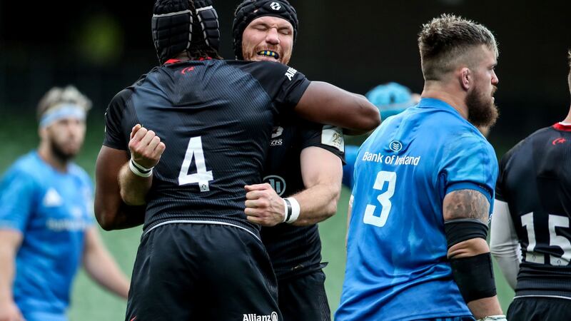 Tim Swinson and Maro Itoje celebrate the victory over Leinster. Photograph: Dan Sheridan/Inpho