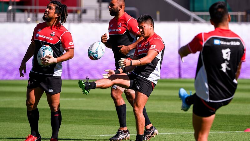 Japan scrum-half Kaito Shigeno during training ahead of the Rugby World Cup quarter-final against South Africa. Photo: William West/Getty Images