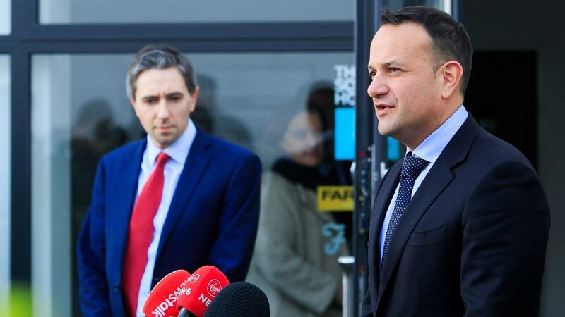 Minister for Health Simon Harris and Taoiseach Leo Varadkar: “Like its counterparts across the world, the Irish Government will take on heaps more debt as it seeks to replace some of the income workers have lost, while also trying to keep the structure of employment in place in many companies through wage subsidies.” Photograph: Gareth Chaney/Collins