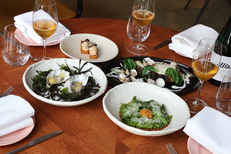 Cromane oyster, sudachi and bergamot, crab rosti, black currant leaf vinegar, shiso, halibut with cockles, black lime and garlic pil pil and Shiitake bolognese cavolo nero pappardelle at Allta. Photograph Nick Bradshaw