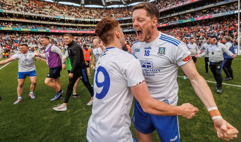 Monaghan’s Conor McManus at the final whistle with Seán Jones after the penalty shoot-out win over Armagh in the 2023 All-Ireland quarter-final in Croke Park. Photograph: James Crombie/Inpho