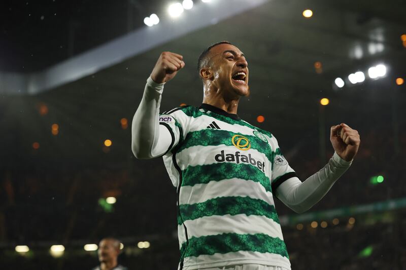 Adam Idah celebrates after scoring Celtic's second goal against Dundee at Celtic Park Stadium last month. Photograph: Ian MacNicol/Getty Images