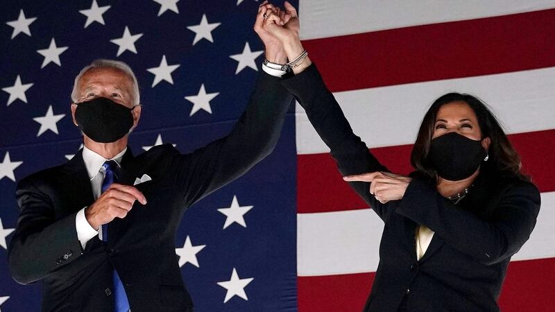 Presidential nominee Joe Biden and California senator Kamala Harris, his running mate, at the conclusion of the Democratic National Convention in Delaware. Photograph: Olivier Douliery/AFP via Getty Images
