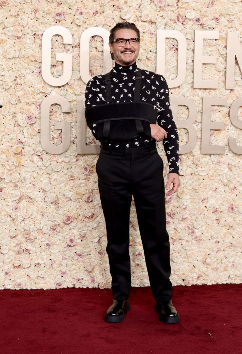 Pedro Pascal chose a sling with a black velvet finish to accompany his look. Photograph: Amy Sussman/Getty Images