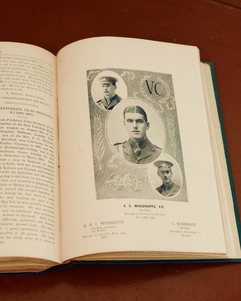 A page from the archives of Alice Winn’s British boarding school’s newspaper, at her home in New York.. When Winn stumbled on the archives of her school’s newspaper, she discovered a world, only to see it 'destroyed and dismantled' during the first World War - she brought it back in her novel, In Memoriam. Photograph: Caroline Tompkins/The New York Times