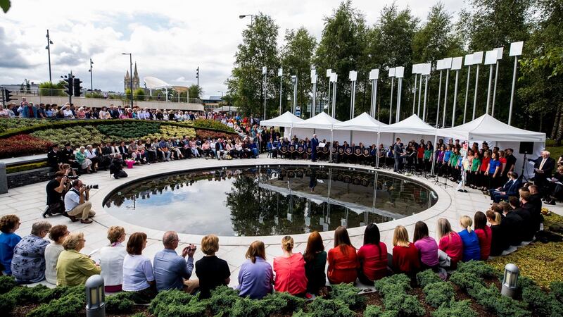 Family, relatives and victims gather at an interdenominational service at the Memorial Gardens in Omagh to remember the Omagh bombing 20 years on. Photograph: Liam McBurney/PA Wire
