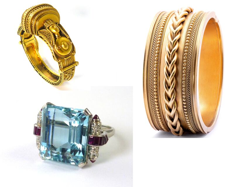 Rings from Cobwebs in Galway: An archaeological revival gold bangle, an aquamarine ruby with a diamond ring from the 1930s and a 1870's archaeological revival bangle