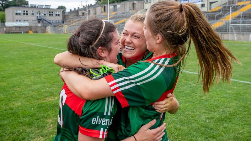 Mayo’s Sarah Rowe celebrates with Rachel Kearns and Sarah Mulvihill. Photograph: Inpho/Morgan Treacy