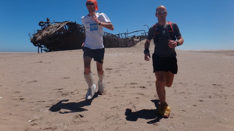 Donnie Campbell and Andrew Murray at the wreck of the Eduard Bohlen (ran aground in 1909, and is now 400 metres inland from the coast).  Photograph: Johnny Graham, DigitalPict Photography