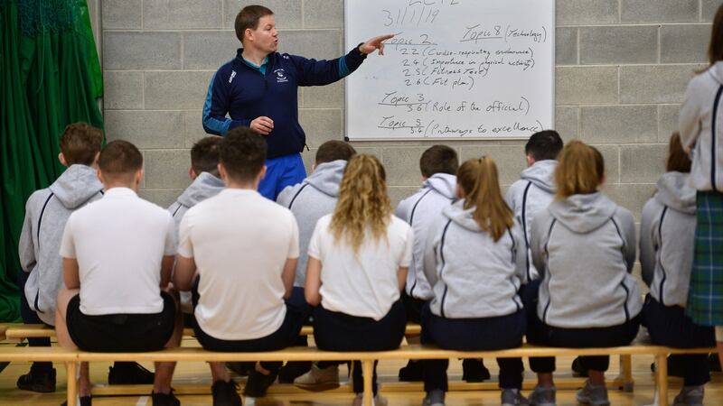 Fifth-year students taking part in the new Leaving Cert PE subject with Shane Davey at Castleknock Community College. Photograph: Dara Mac Dónaill