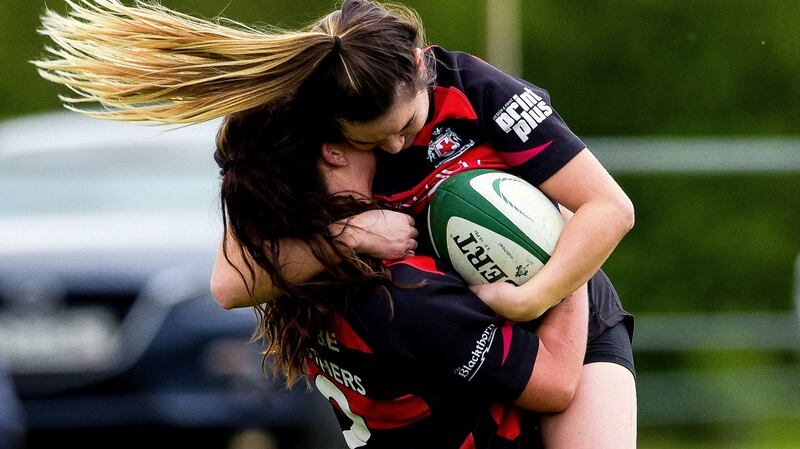 Tullamore’s Ciara Dunican celebrates scoring a try with Ciara Farrell  in the final of the Women’s All-Ireland Plate. Photograph:  Tom Beary/Inpho