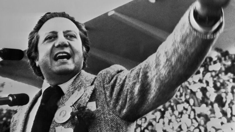 April 21st, 1975: Mario Soares addressing Socialist Party supporters in Lisbon during the last rally before an election.  Photograph: AFP/Getty Images