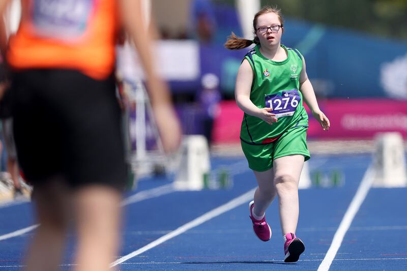 Grace Kavanagh of Ireland competes in the 50m women's semi-final at the athletics track and field competition during day two of Special Olympics World Games in Berlin. Photograph: Alexander Hassenstein/Getty