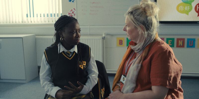 Fatima Bojang as Jade and Hannah Walters as teacher Mrs Bailey in episode two of Adolescence. Photograph: Netflix