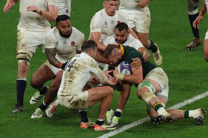 South Africa lock RG Snyman pushes over the line to score South Africa's try during the Rugby World Cup semi-final against England. Photograph: Thomas Samson/AFP via Getty Images