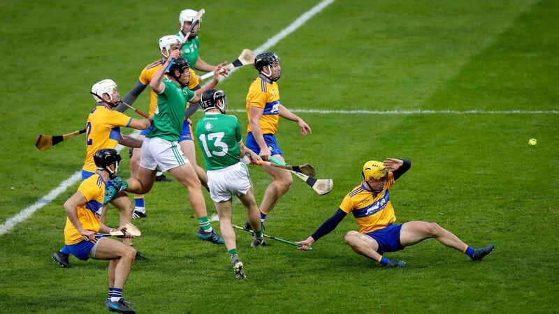 Limerick’s Graeme Mulcahy shoots on goal in the Munster GAA Senior Hurling Championship quarter-final against Clare at  Semple Stadium last Sunday. Photograph: Ryan Byrne/Inpho