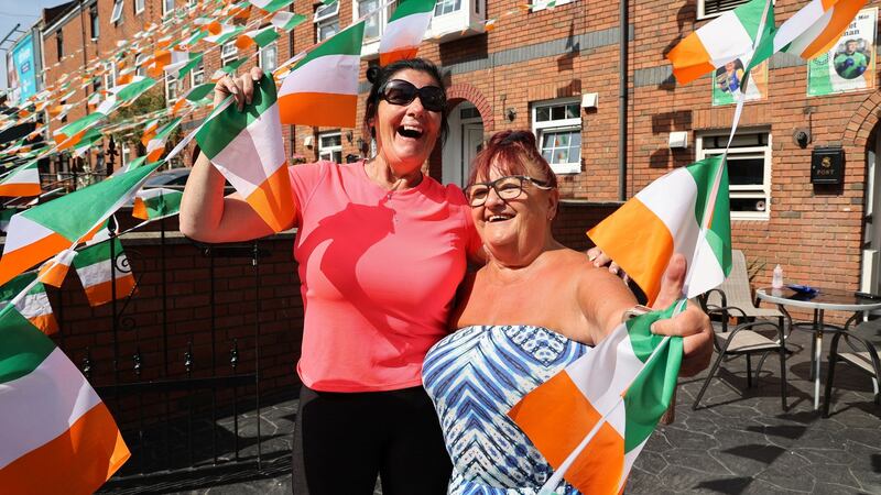 Catherine Flood with Marie Harding on the decorated terrace at Portland Row. Photograph: Nick Bradshaw